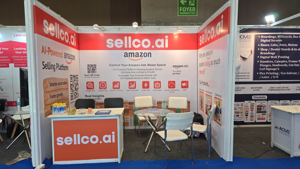 Sellco.ai trade show booth - AI-Powered Amazon Selling Platform. Control your Amazon Ads waste spend, optimize ads, listings & growth. Amazon Ads Verified Partner.